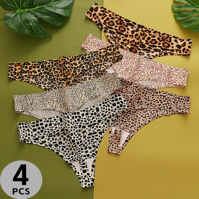 4PCS/Set Thong Women's Panties Leopard Seamless  Elasticity Sports G-String