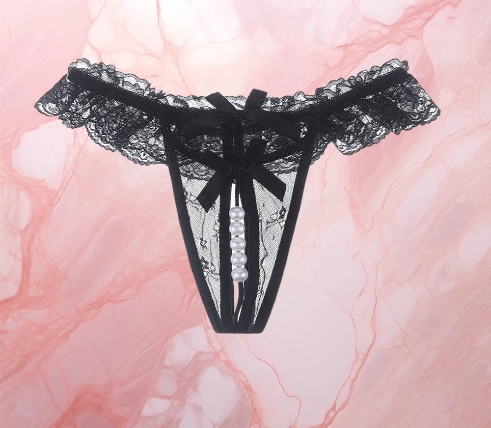 Transparent Lace G-String Open Crotch With Pearl Tangas, cheeky panties