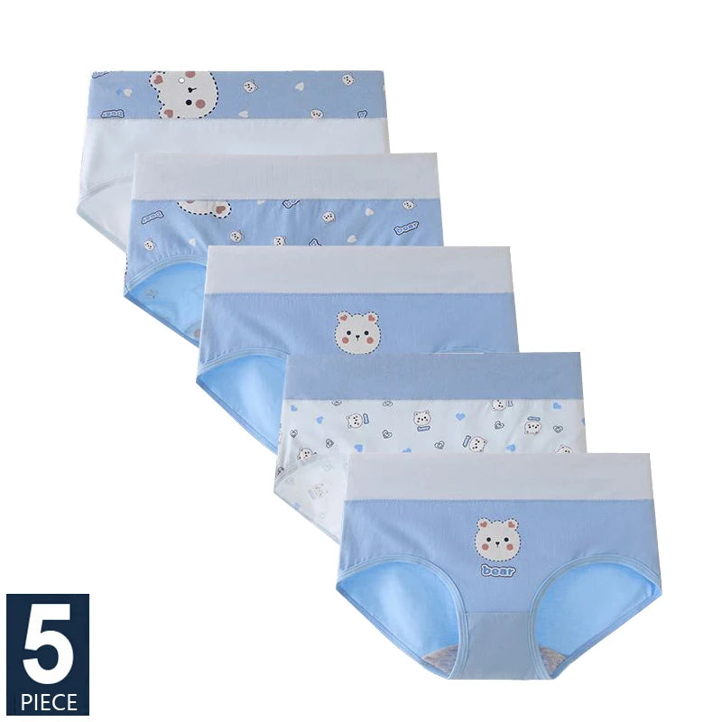 5Pcs  High Waist Breathable Soft Cotton Girls Underwear Seamless Briefs  Cute Print Lingerie