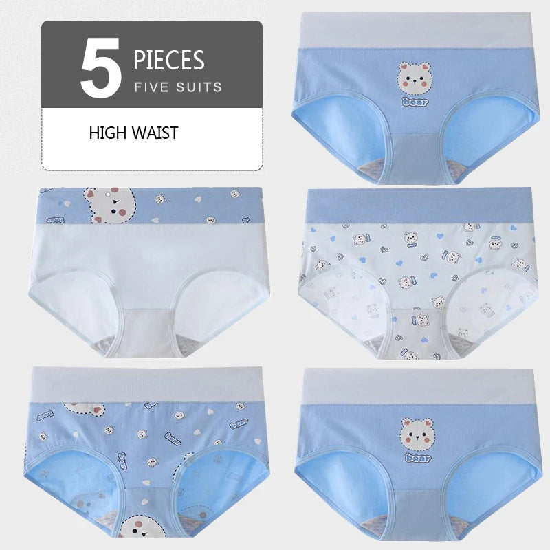 5Pcs  High Waist Breathable Soft Cotton Girls Underwear Seamless Briefs  Cute Print Lingerie