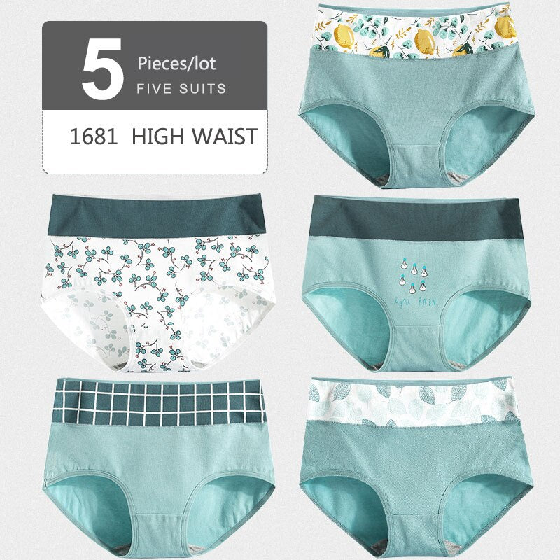 5Pcs/lot  Panties High Waist Pure Cotton Underwear Cute Printed