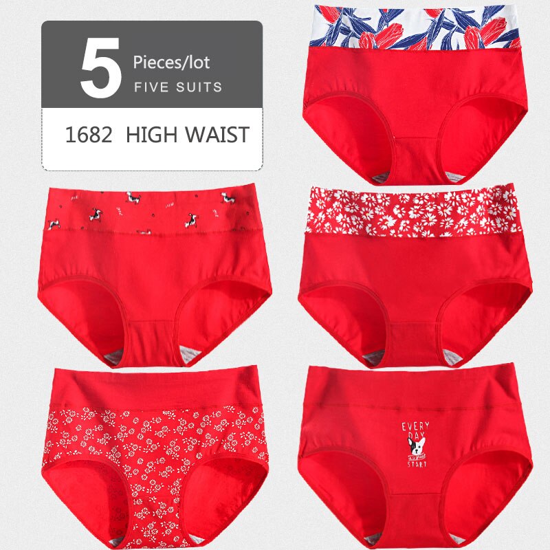 5Pcs/lot  Panties High Waist Pure Cotton Underwear Cute Printed