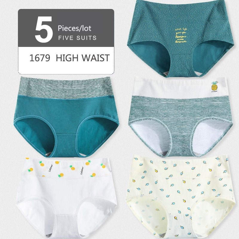 5Pcs/lot  Panties High Waist Pure Cotton Underwear Cute Printed