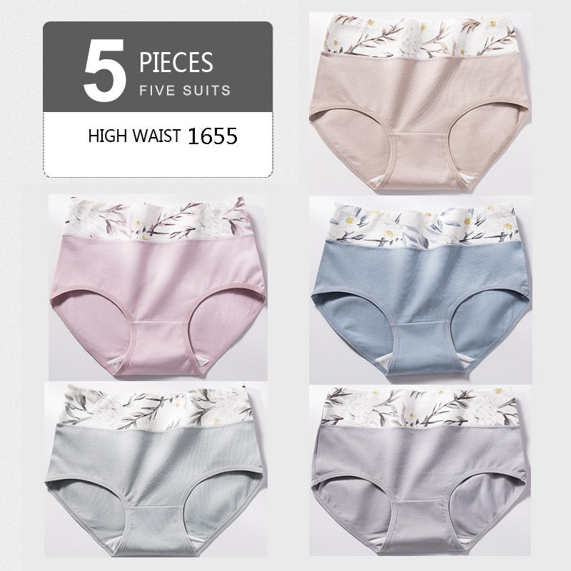 5Pcs/lot  Panties High Waist Pure Cotton Underwear Cute Printed